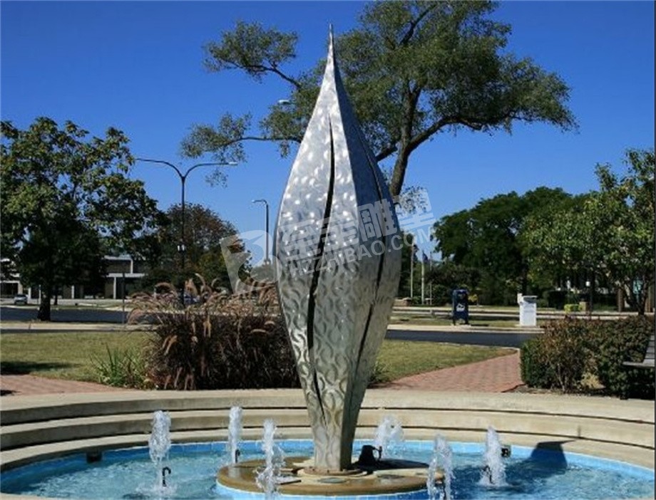 公园水池镜面创意树叶不锈钢雕塑定制